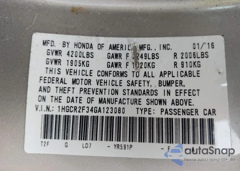 2016 Honda Accord Lx z USA, uszkodzony, nr VIN 1HGCR2F34GA123080